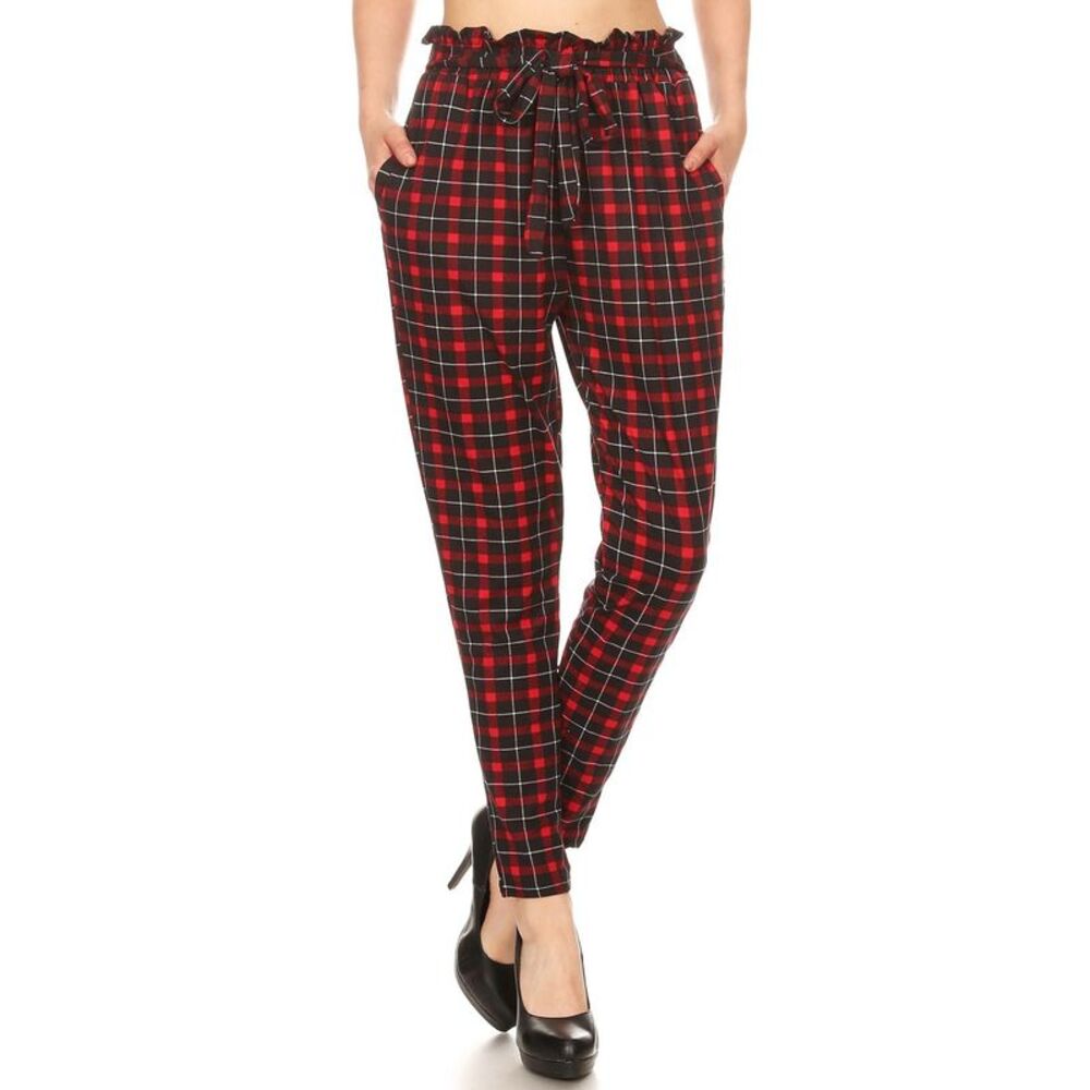 World of Leggings Red Plaid High Waisted Paper Bag Tie Front Pants